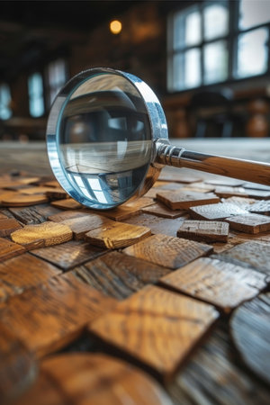 Magnifying glass resting on table beside a stack of intricately crafted wooden figuresの素材
