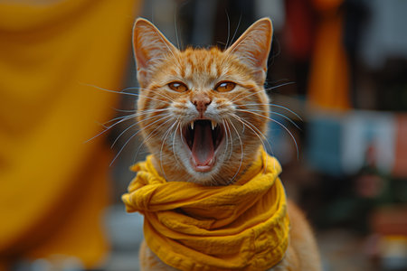 Excited tabby cat joyfully communicates through a large megaphone, capturing everyone's attention.の素材
