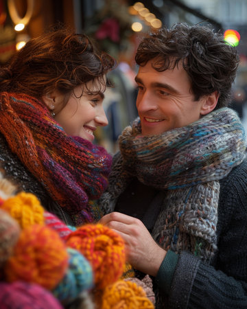 A shop assistant assists a man in trying on a trendy jacket at a cozy vintage clothing storeの素材