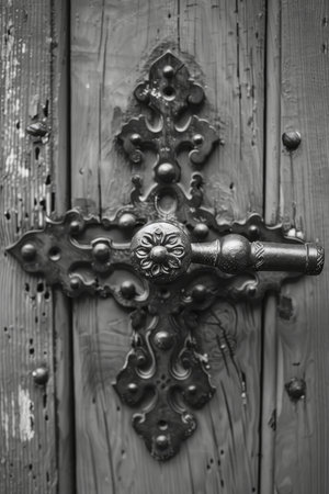 Vintage wooden door with iron grille captured in timeless black and white imageryの素材