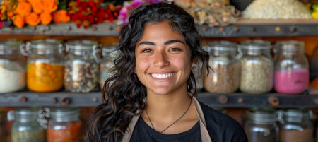 A joyful female entrepreneur thrives in her charming flower shop surrounded by vibrant bloomsの素材