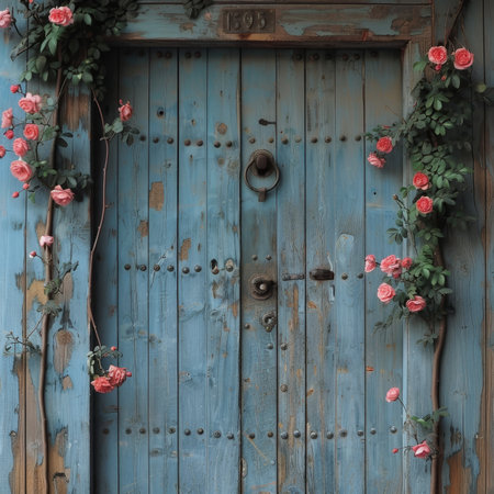 Stunning blue door embellished with vibrant flowers on the enchanting santorini island, Greeceの素材