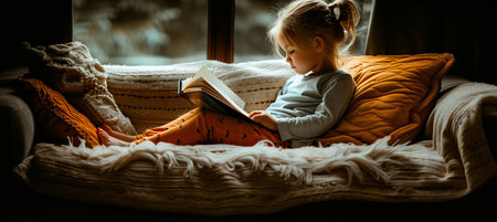 A young Asian girl is comfortably seated on a couch, deeply immersed in reading a captivating book.の素材
