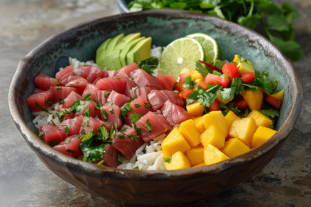 Seared fresh tuna steaks accompanied by mango, avocado, and cilantro salsa delightの素材