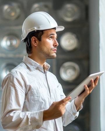 Engineer demonstrating design concepts with a digital tablet against a clean white backgroundの素材