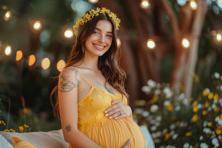 Joyful pregnant woman with tattoos sitting on sofa at home, cradling her belly with happinessの素材