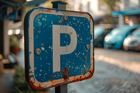 Urban street scene featuring blue parking sign with white p amidst blurred cars and buildingsの素材