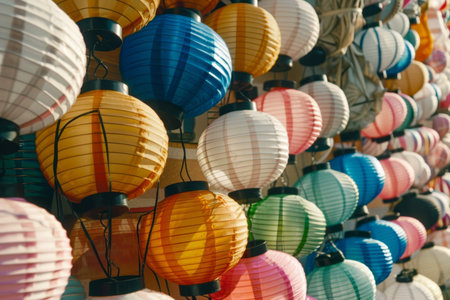 Vibrant lanterns brighten mid autumn festival with warm lights and joyful celebrationsの素材