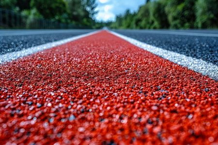 A close up view of a running track lane highlighting the path for athletes and runnersの素材