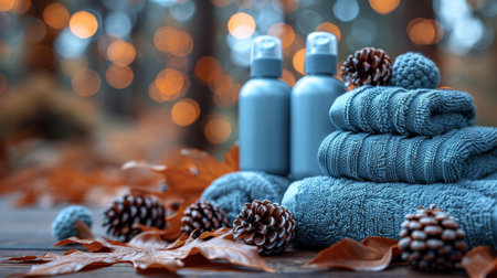 Flat lay arrangement of body care products on a bright background with space for text placementの素材