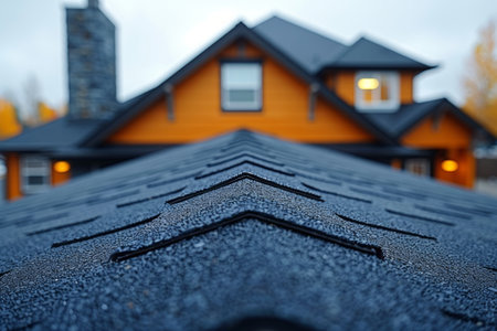 Close up of a slate rooftop featuring a chimney blending classic architecture with modern designの素材