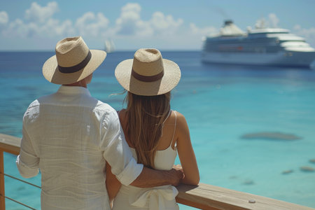 Senior couple embraces on pier with cruise ship in background, enjoying tropical vacation togetherの素材