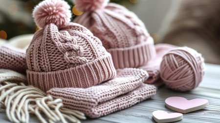 Delightful baby essentials on pink hats, bunny toy, yarn, hearts, and outfit for announcementsの素材