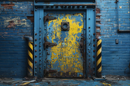 A weathered industrial door with hazard stripes against a distressed turquoise urban wallの素材