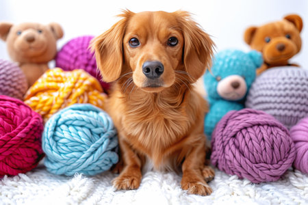 Playful dachshund surrounded by colorful plush toys on white background, perfect for pet themesの素材