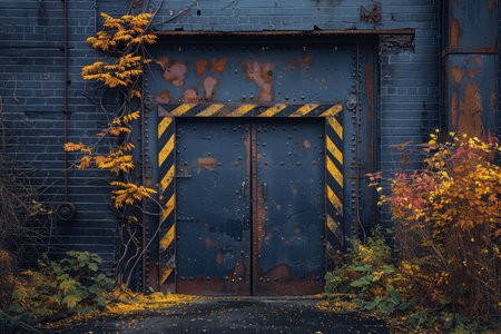 Weathered industrial door with hazard stripes on distressed turquoise wall in urban grunge settingの素材