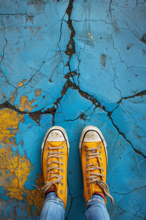Child s colorful mismatched socks and yellow sneakers on a blue playground surfaceの素材