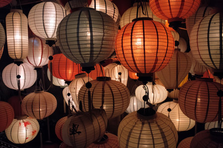 Vibrant lanterns brighten the mid autumn festival with warm lights and joyful celebrationsの素材