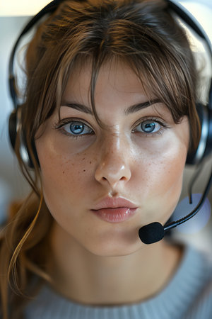 Portrait of a customer service representative with headset in a contemporary office settingの素材