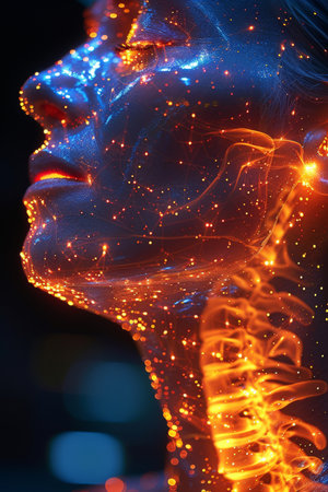 Elderly woman suffering from intense spine pain evidenced by a glowing red spinal columnの素材