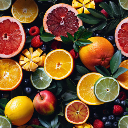 Colorful fruit vector design against a dark background for a fresh and vibrant lookの素材