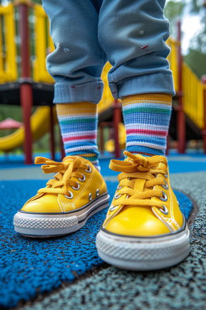 Child s feet in vibrant mismatched socks and yellow sneakers on a bright blue playground surfaceの素材
