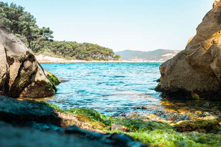 Tiny hidden beach surrounded by rocks on the shore of split, croatia. Green sea grass on the rocks. Sunlight illuminating the area with bright beautiful colorsの写真素材