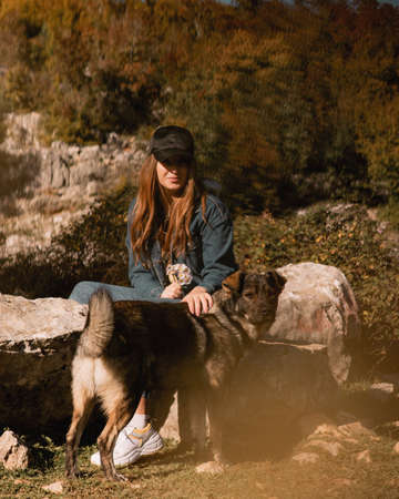 Brunette girl sitting on a rock together with her brown dog thats looking straight at the camera. Team of two, together in every situation and on a warm autumn dayの写真素材