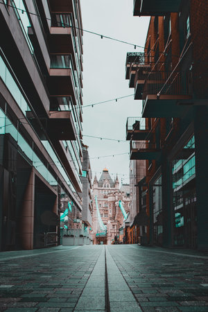 London UK January 2021 Small residental Dutchess Walk street in center London, leading to the Tower...
