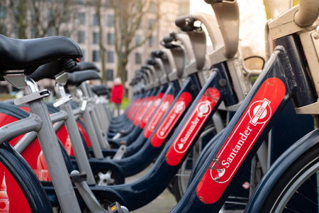 London UK January 2021 View of Santander bikes parked in the center of London city. Rentable electric bikes for cycling around townのeditorial素材