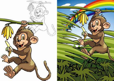 Funny monkey with a banana jumping on the treesのイラスト素材