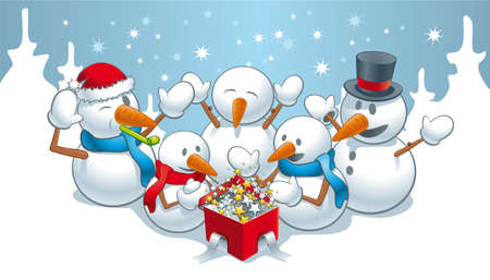 Illustration of happy snowmen at the unexpected and magical holiday giftsのイラスト素材