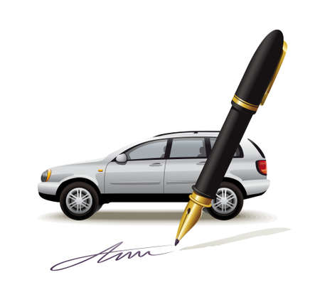 Illustration of processing the transaction with the vehicle by signing the documentのイラスト素材