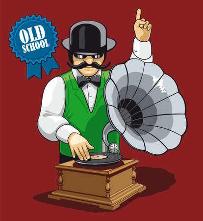 Old school music  Humorous illustration of the modern DJ with equipment and clothing in the early twentieth century のイラスト素材