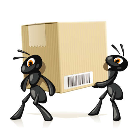 Ants Delivery  Two black ants carry a large cardboard box with barcode のイラスト素材