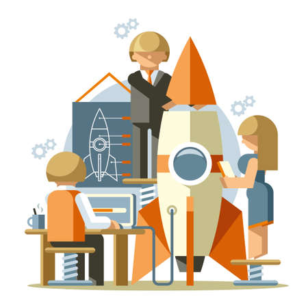 Flat illustration business team develops startupのイラスト素材