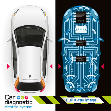 Diagnosis of electrical components of the car in the form of printed circuit board is illuminated by X-rays.のイラスト素材