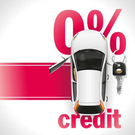 New white car with open front door standing on the red carpet. Against the background of a red font written zero interest rate on the loan. On the percent symbol hanging black ignition key.のイラスト素材