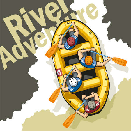 On rough mountain river in a yellow inflatable boat rafting sit four men in helmets and life jackets. People are holding paddles and work together.のイラスト素材