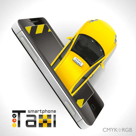 Yellow car taxi leaves from the screen of your smartphoneのイラスト素材