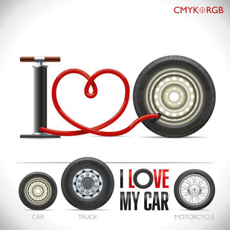 The pump hose is curved in the form of heart and formed the phrase "I love my car"のイラスト素材