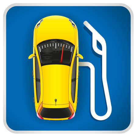 Unusual illustration of a road sign of gas station. 
The car in the form of the gas station with an arrow and the refuel gun.のイラスト素材