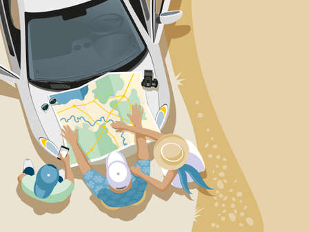 Three young people choose a route of the travel on the car on which the road map lies.のイラスト素材