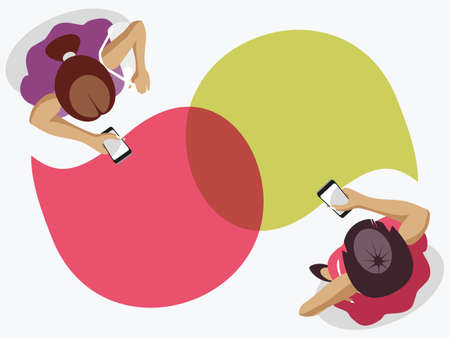 Dialogue of two modern girls communicating by phone over the Internet. Top view on a white background.のイラスト素材