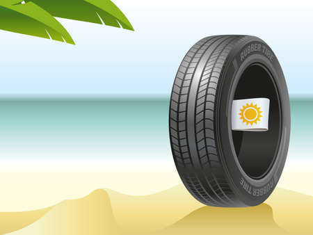 The summer tire on the hot beach is ready to tests by summer heatのイラスト素材