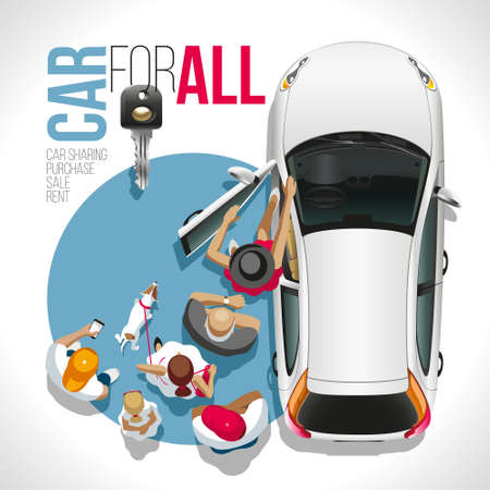 The car for all and everyone! The group of people waits for the moment of receiving the car.のイラスト素材