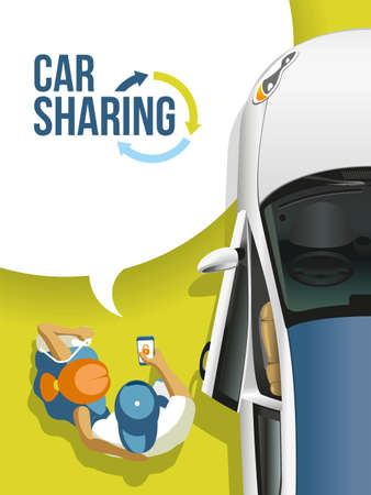 Young people found and received the free car by means of a mobile application for a car sharing. People and the car on a green background.のイラスト素材
