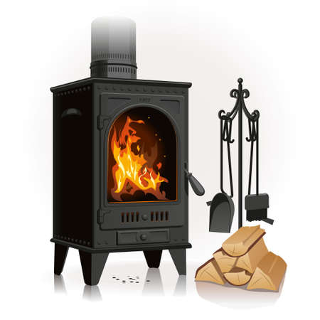 The old pig-iron fireplace pleases with a beautiful bright flame near a linking of firewood and leaving accessories.のイラスト素材