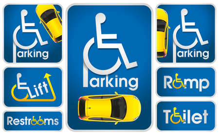 The evident navigation signs helping people with disabilities it is convenient to be guided in the city, the building and on the parking for their convenience.のイラスト素材