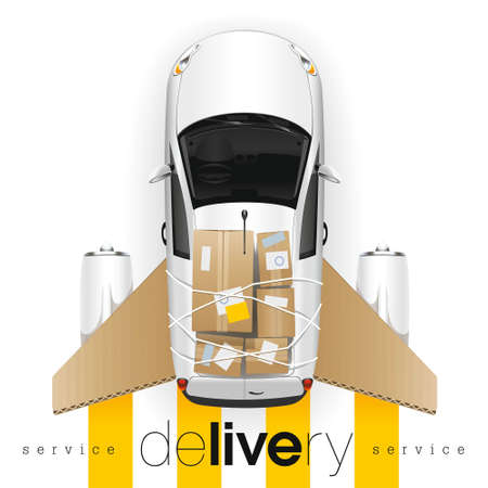 Completely loaded white car of the delivery service with cardboard side panels and aviation engines quickly and in time will deliver any freight.のイラスト素材
